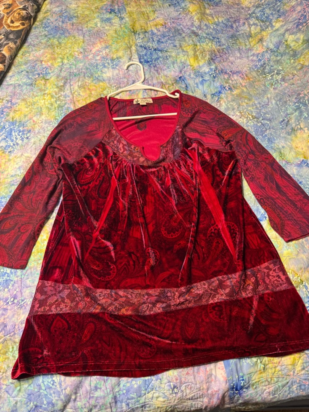 Unity World Wear Red Paisley Velvet Long Sleeve Top